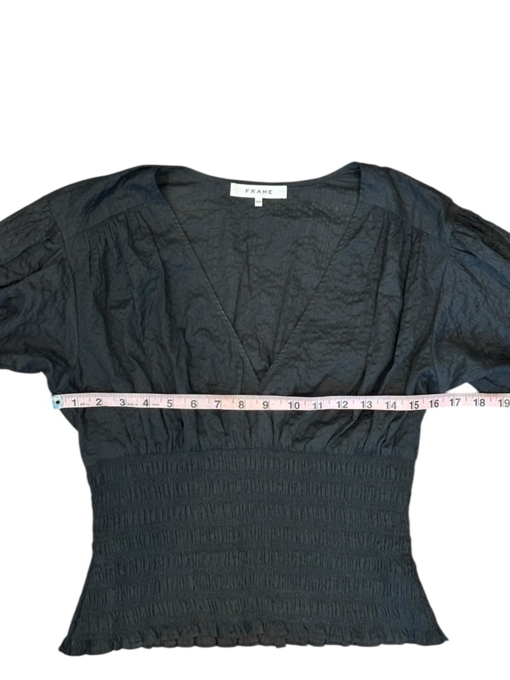 FRAME Smocked V-Neck Crinkled Cotton Blouson Sleeve Top Black Women Medium $348 - Picture 7 of 9